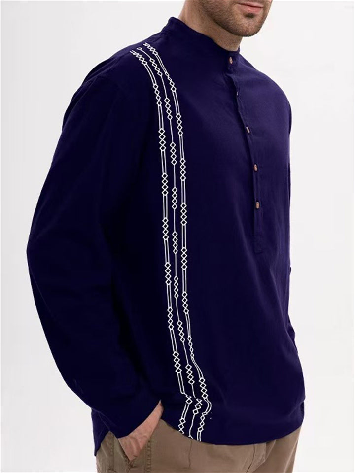 Men's Contrast Color Print Cotton Stand Collar Shirts