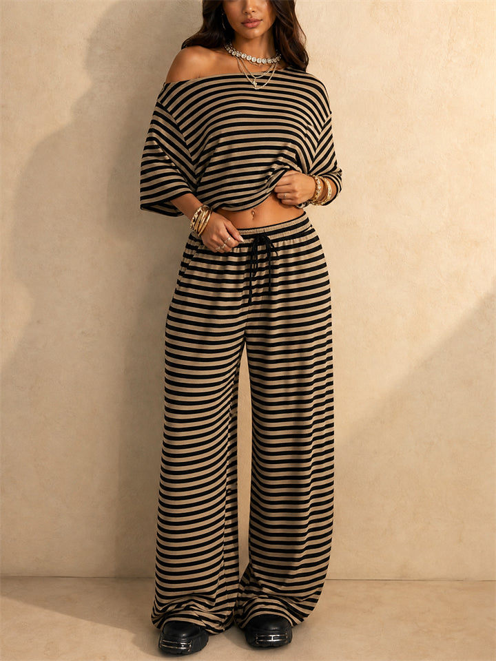 Womens Two Piece Striped Off Shoulder Top and Wide Leg Pants Set