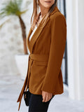 Women's Trendy Brown Solid Colors Lapel Tie Waist Suit Coat