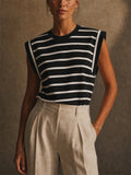 Women Summer Nautical Style Striped Shoulder Pad Muscle Tank Top