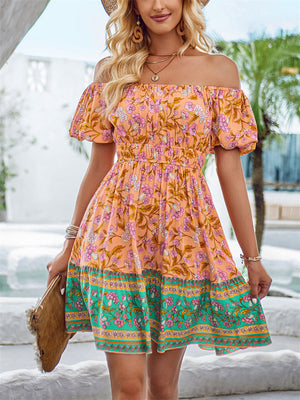 Bohemian Off Shoulder Puff Sleeve Print Beach Dress for Lady
