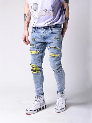 Trendy Male Stretch Embroidery Patchwork Jeans