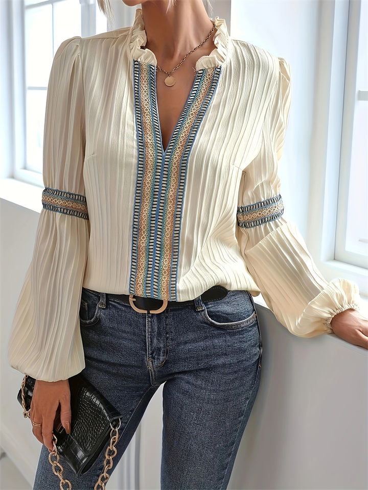 Elegant Puff Sleeve V Neck Crochet Patchwork Blouse for Women