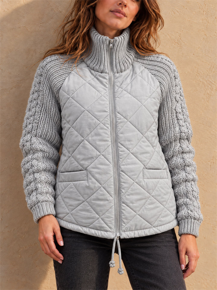 Women Quilted Knit Sleeve Jacket Zip Up Stand Collar Winter Coat