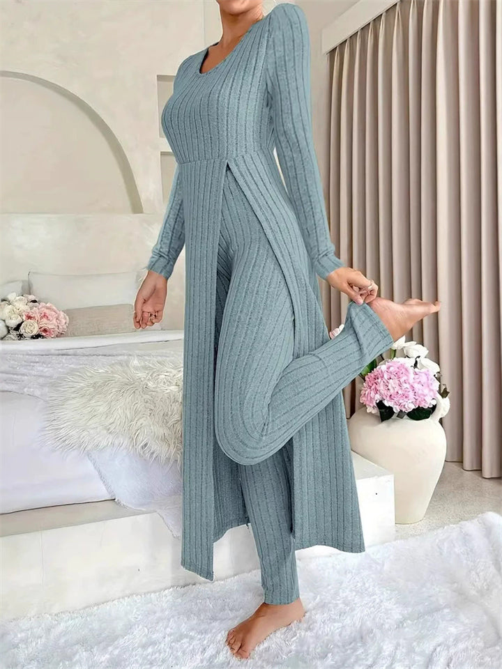 Women's Round Neck Long Sleeve Split Ribbed Knit Top and Pants Set
