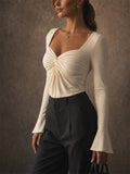 Womens Ruched Sweetheart Neck Twist Front Bell Sleeve Top