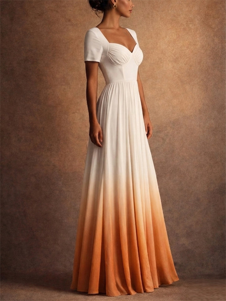 Women Ombre Pleated Sweetheart Neck Short Sleeve Maxi Gown Dress