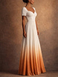 Women Ombre Pleated Sweetheart Neck Short Sleeve Maxi Gown Dress