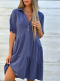Solid Color Lapel Beach Tiered Dresses for Ladies