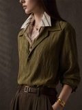Women Olive Green Patchwork Textured Button Down Long Sleeve Shirt