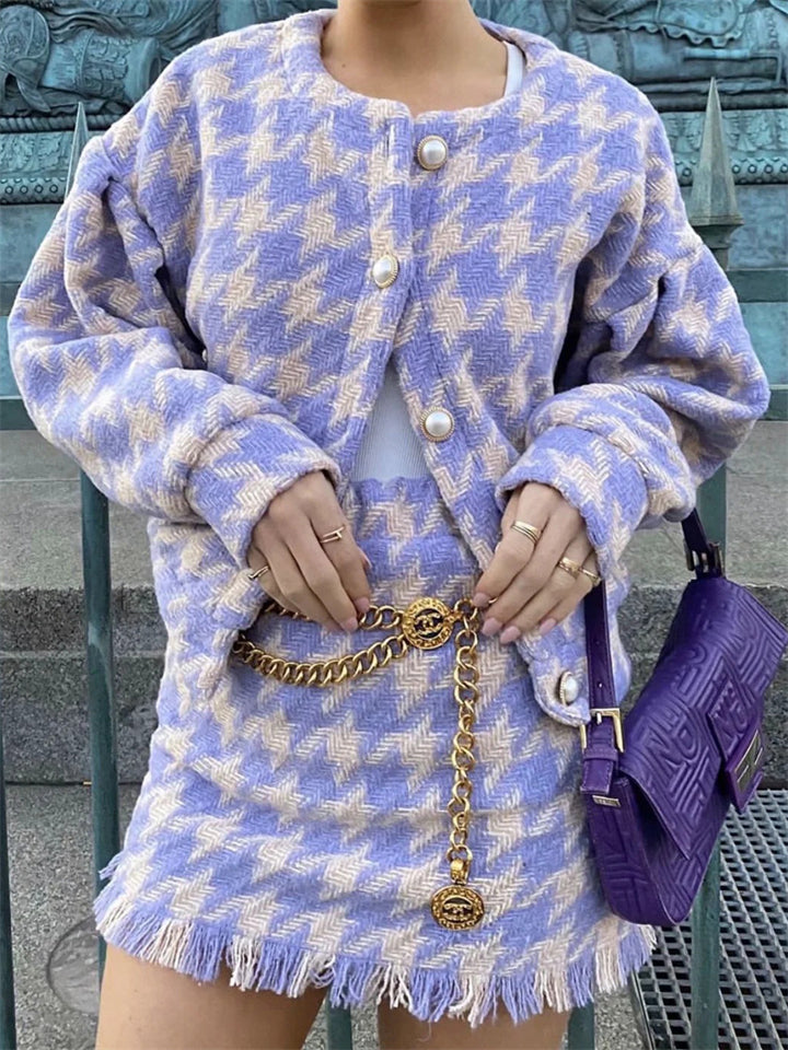 Women's 2Pcs Trendy Houndstooth Pattern Single Breasted Top & Mini Skirt Set