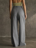 Women High Waist Pinstripe Wide Leg Pleated Office Pants