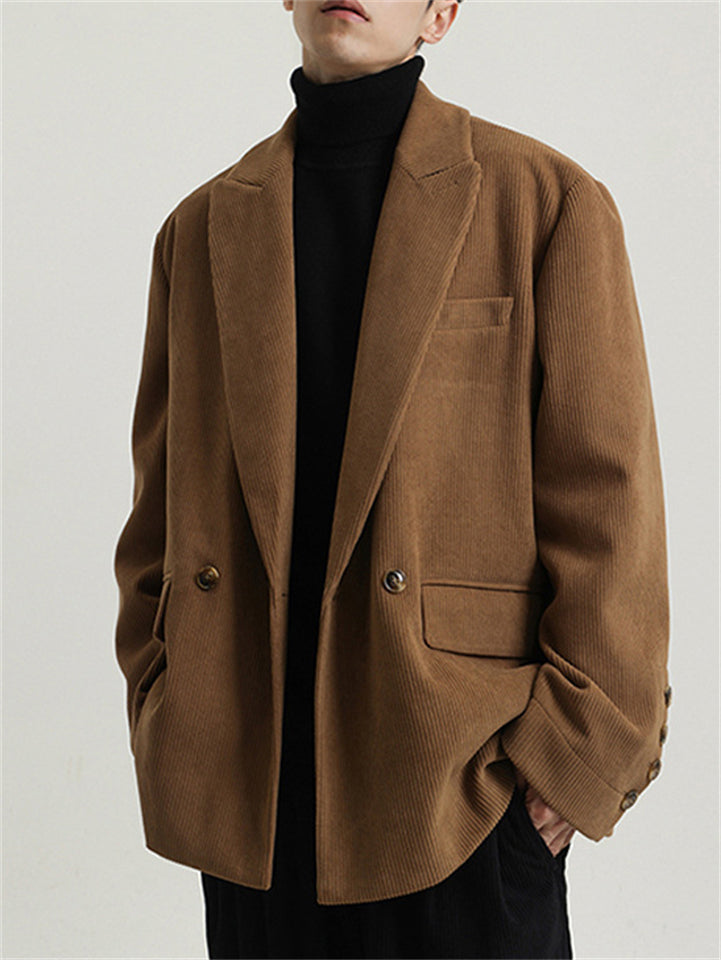 Men's Thicken Corduroy Vintage  Solid Color Double Breasted Suit Jackets