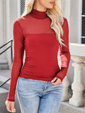 Women's Solid Color Mesh Patchwork High Neck Long-sleeve Undershirt