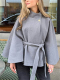 Women's Solid Color Stand Collar Tie-waist BatWing Sleeve Coats