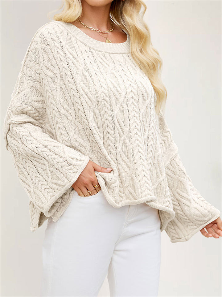 Women's Loose Solid Color Crochet Round Neck Asymmetric Hem Sweaters