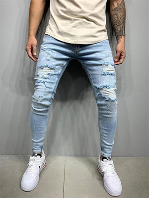 Comfortable Ripped Slim-fit Light Blue Jeans for Men