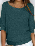 Casual Solid Color Round Neck 3/4 Sleeve Sweater for Women