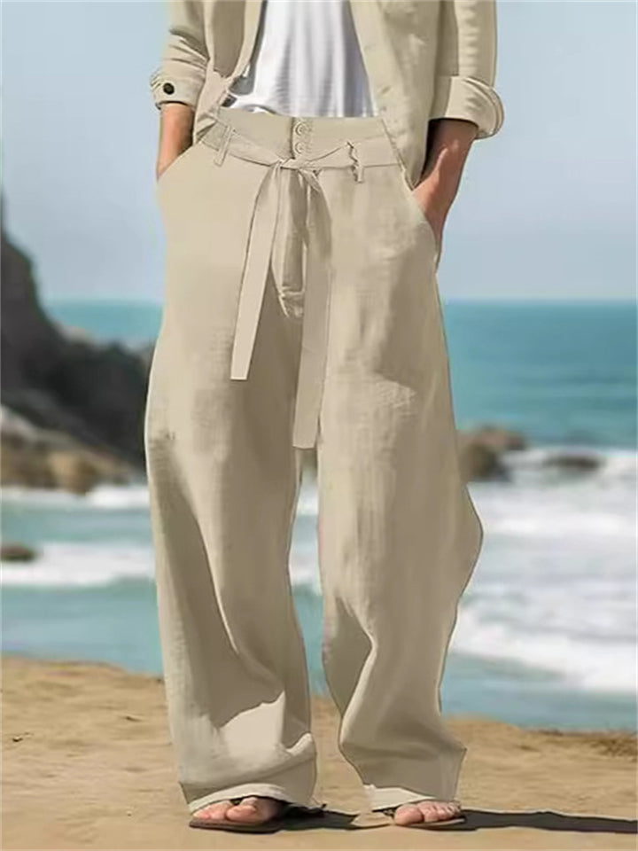Men's Solid Color Linen Tie-Waist Wide Leg Straight Pants