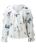 Women's Vintage Printed V Neck Ruffle Elegant Chiffon Shirt