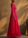 Women French Style Pleated Cape Sleeve Formal Evening Maxi Dress