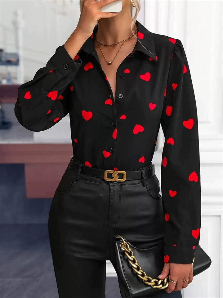 Women's Elegant Black Heart Print Lapel Long Sleeve Blouses