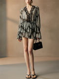 Women's Summer Chiffon Lace V Neck Striped Flare Sleeve Mini Dress