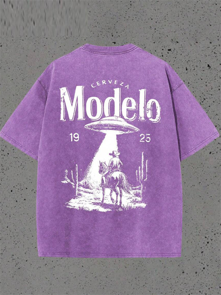 Unisex Modelo Vintage Acid Wash UFO Cowboy Graphic T Shirts