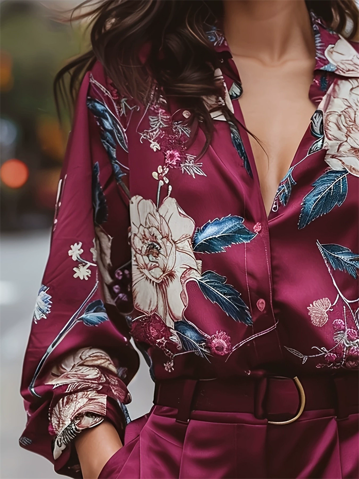 Women's Wine Red Vintage Elegant Floral Print Slim Fit Office Casual Blouses