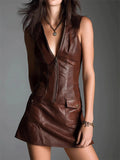 Brown Sexy Faux Leather Front Zipper Sleeveless Mini Dress for Women