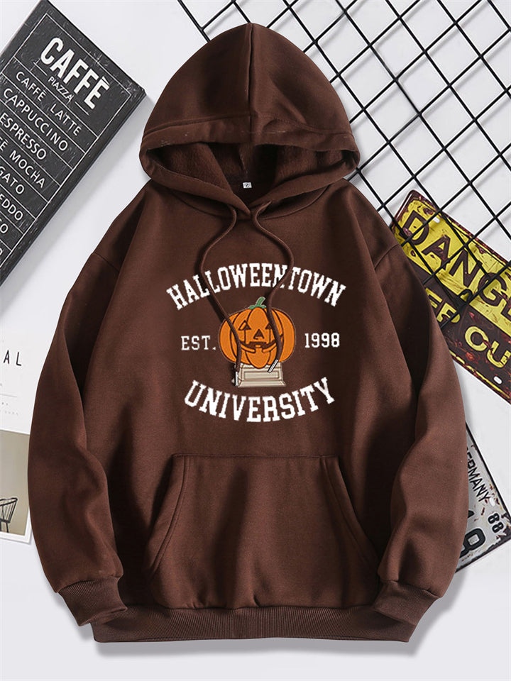 Halloween Smile Pumpkim Print Lined Plush Hoodies for Women