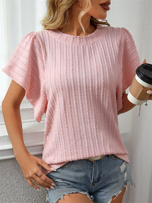Women's Solid Color Jacquard Round Neck Short Sleeve Shirt