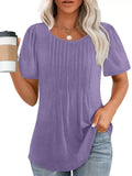 Women's Casual Solid Color Pleated Round Neck Short Sleeve Shirts