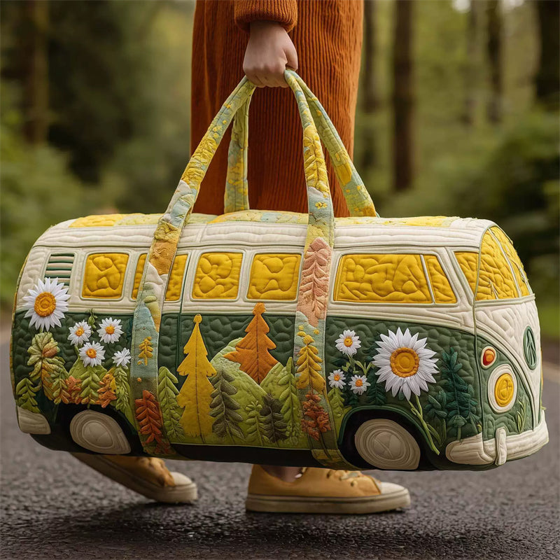 Spring Outing ‌Hippie Bus Floral Quilted Duffel Bag