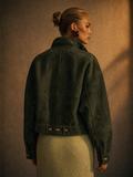 Women Dark Green Faux Suede Jacket Gold Buttons Moto Bomber Coat