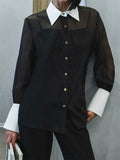 Women's Spring Chic Vintage Contrast Collar See-Through Blouses