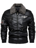 Men's Winter Fleece Lined Faux Leather Bomber Jacket with Faux Fur Collar