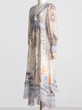 Women's Summer Long Sleeve V-Neck Leopard & Floral Print Maxi Dress