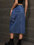 Women High Waist Elastic Ruched Jean Cargo Denim Midi Skirts