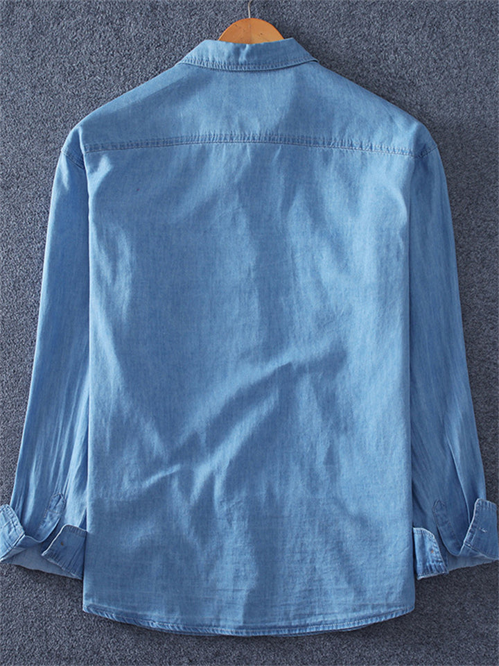 Plus Size Men's Casual Cotton Solid Color Pocket Denim Shirt
