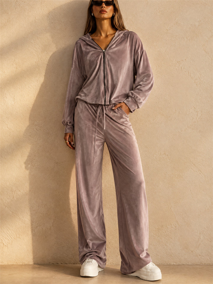 Women Hooded Tracksuit Zip Up Top Wide Leg Pants Set