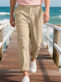 Men's Casual Linen Solid Color Drawstring Straight Trousers
