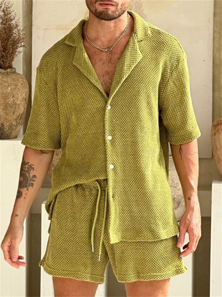 Summer Short Sleeved Drawstring Button Up Outfits for Men