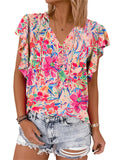Women's Summer Floral Print V-neck Ruffled Short Sleeve Shirts