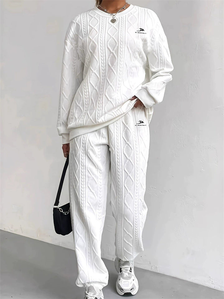 Women's 2Pcs Solid Color Twist It Round Neck Sweatshirts and Sweatpants Set