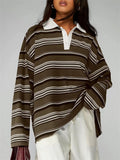 Women's Striped Rugby Shirt Long Sleeve Oversized Polo Top