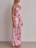 Women's 2pcs Casual Cartoon Print Tube Top & Wide Leg Pants Set