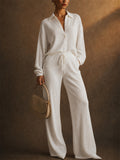 Women Casual Pleated 2 Piece Button Down Shirt and Wide Leg Pants Set