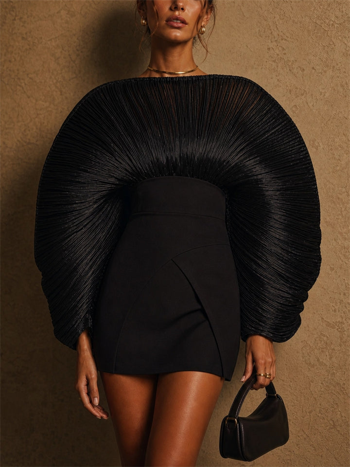 Women Black Pleated Lantern Sleeve Mini Cocktail Dress