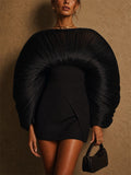 Women Black Pleated Lantern Sleeve Mini Cocktail Dress